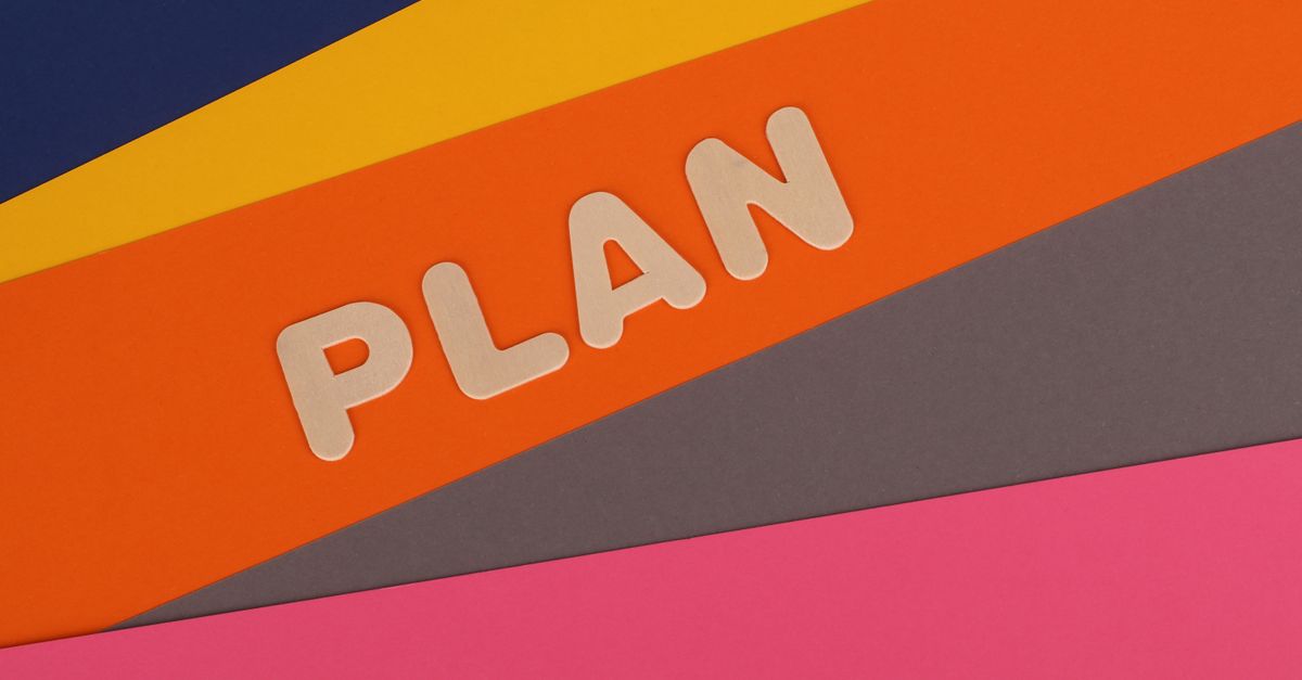 Vibrant geometric colored background with the word 'Plan' in bold letters, perfect for business concepts.