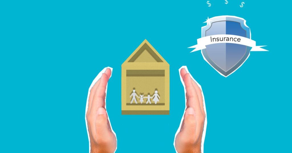 Decorative cardboard illustration of person hands protecting house with human figures near shield with Insurance inscription on blue background