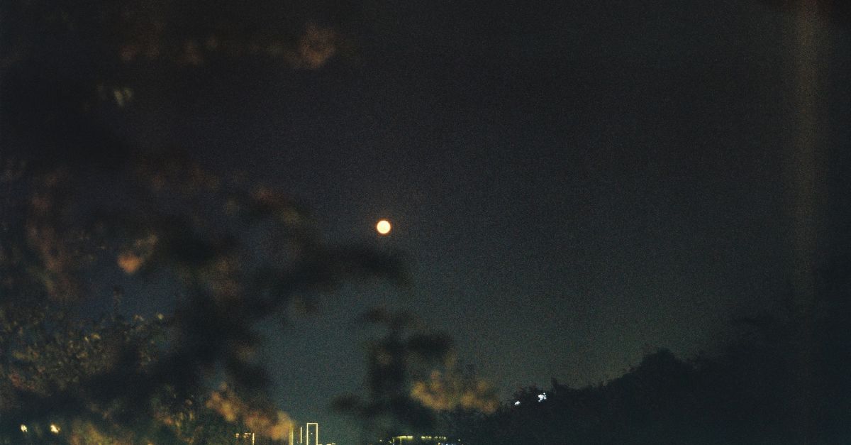 A city skyline under a full moon with a dark sky and urban silhouette.