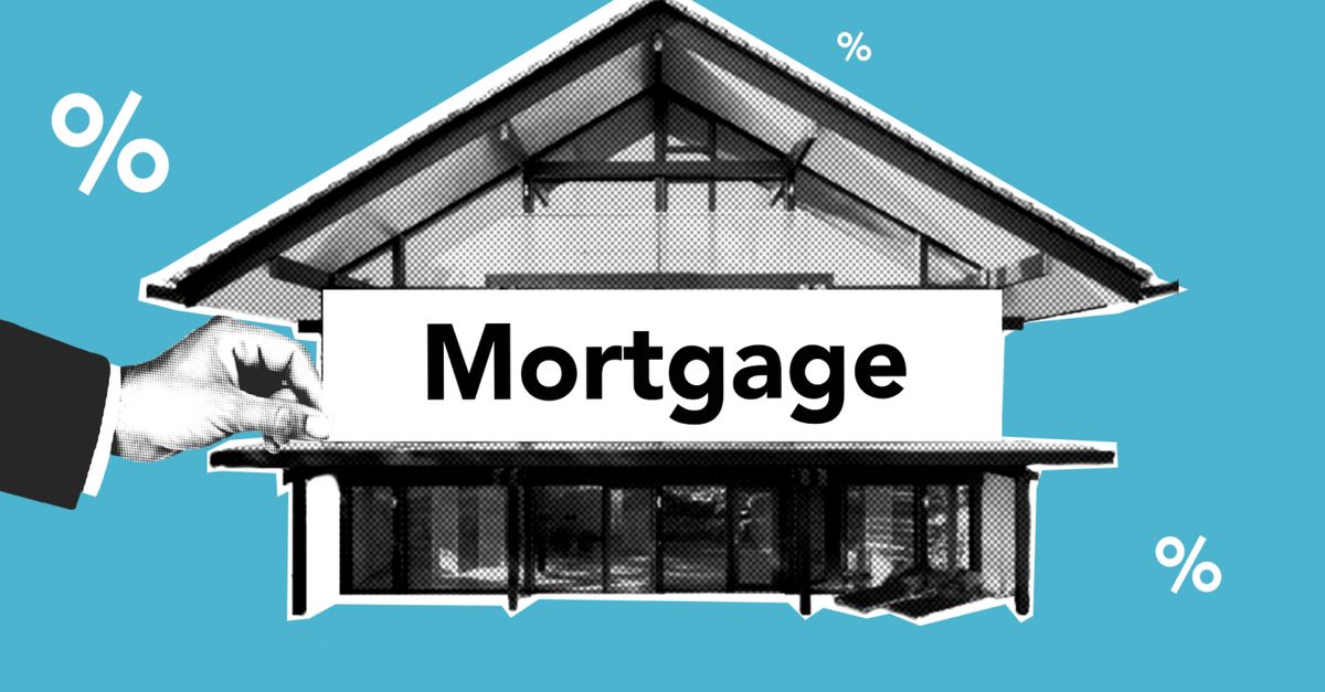 Cutout paper composition of realtor with inscription mortgage over house for purchases with payment of interest on amount of cost