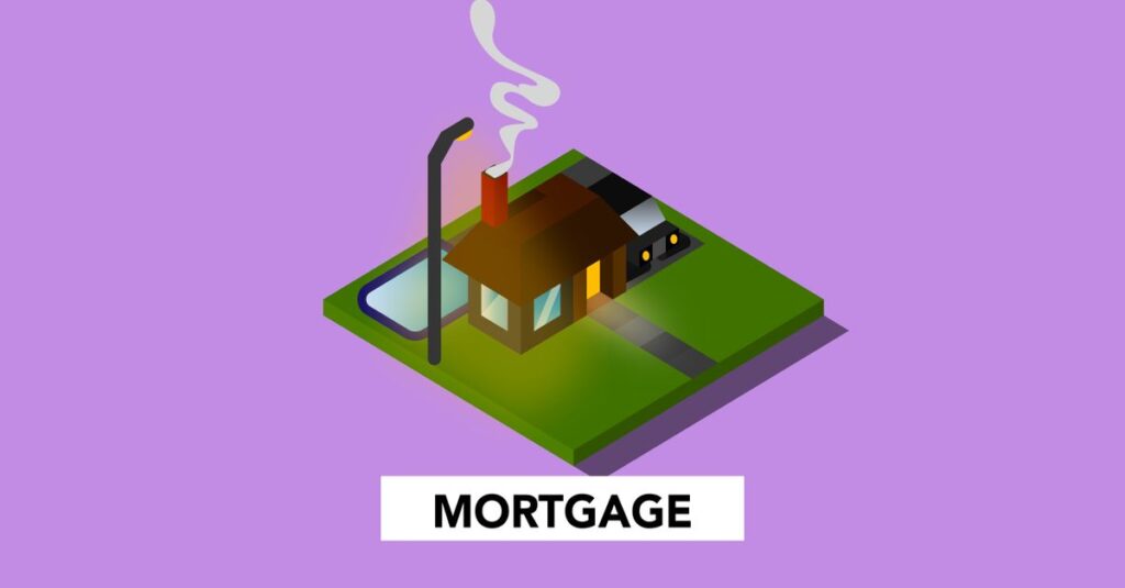 Cardboard illustration of building with swimming pool and lawn above Mortgage inscription on violet background