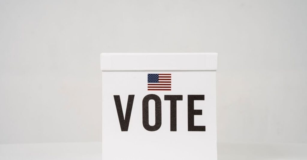 A minimalist ballot box with 'Vote' and an American flag, symbolizing elections.