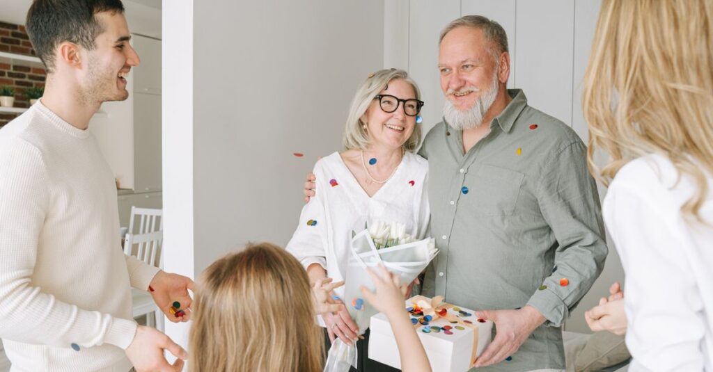 A joyful family gathering with gifts and confetti, celebrating togetherness and happiness indoors.