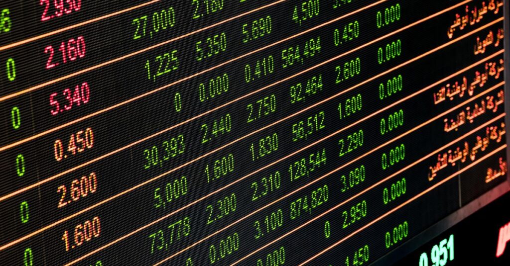 Detailed view of a stock market screen showing numbers and data, symbolizing financial trading.