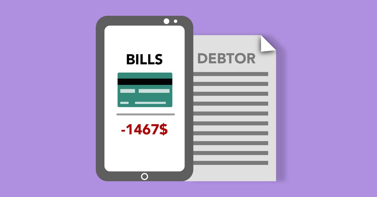 Vector illustration of smartphone with credit card picture and bills inscription placed near debtor document against purple background